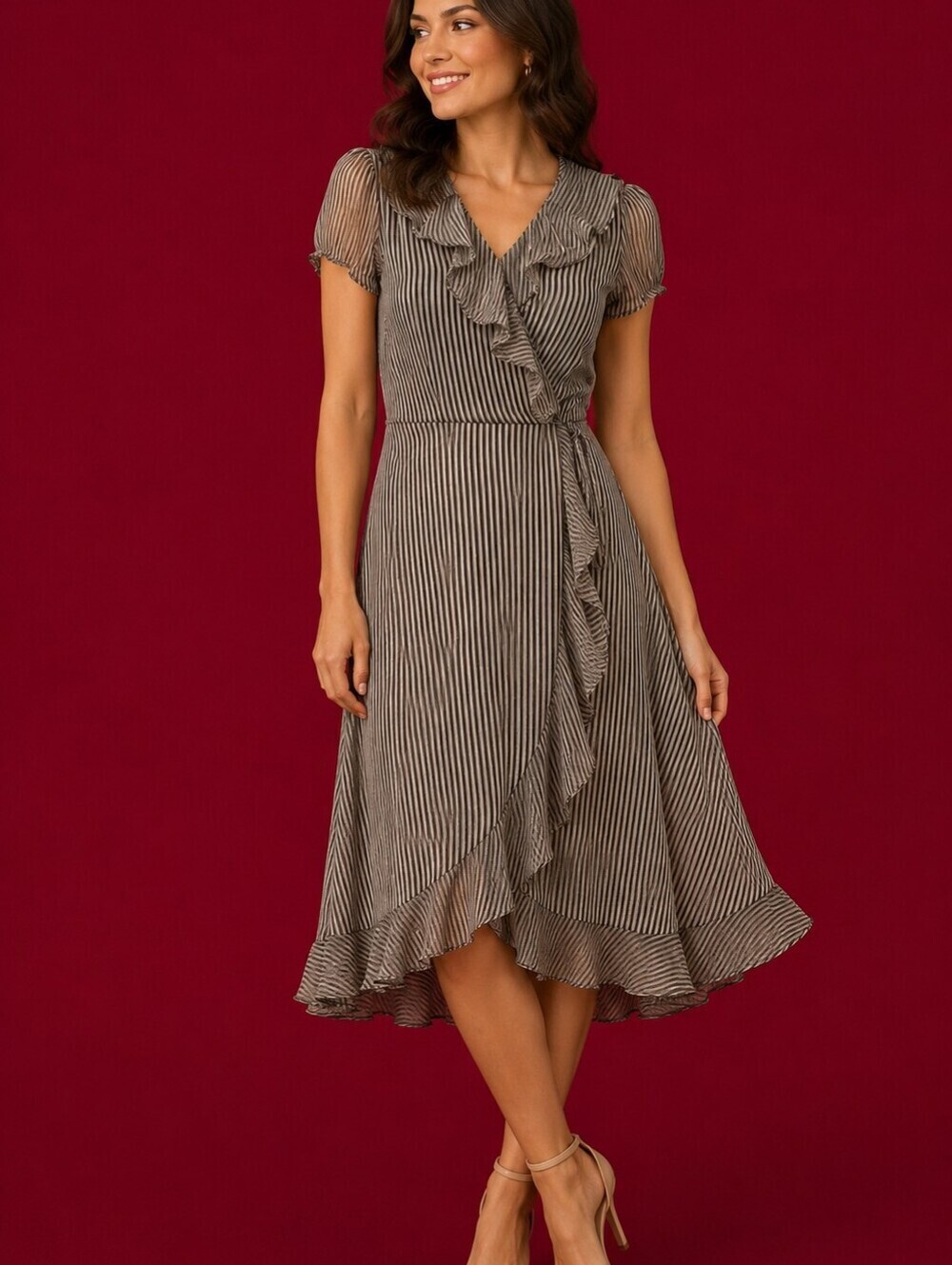GABBY SKYE Chiffon Striped Ruffle Midi Dress